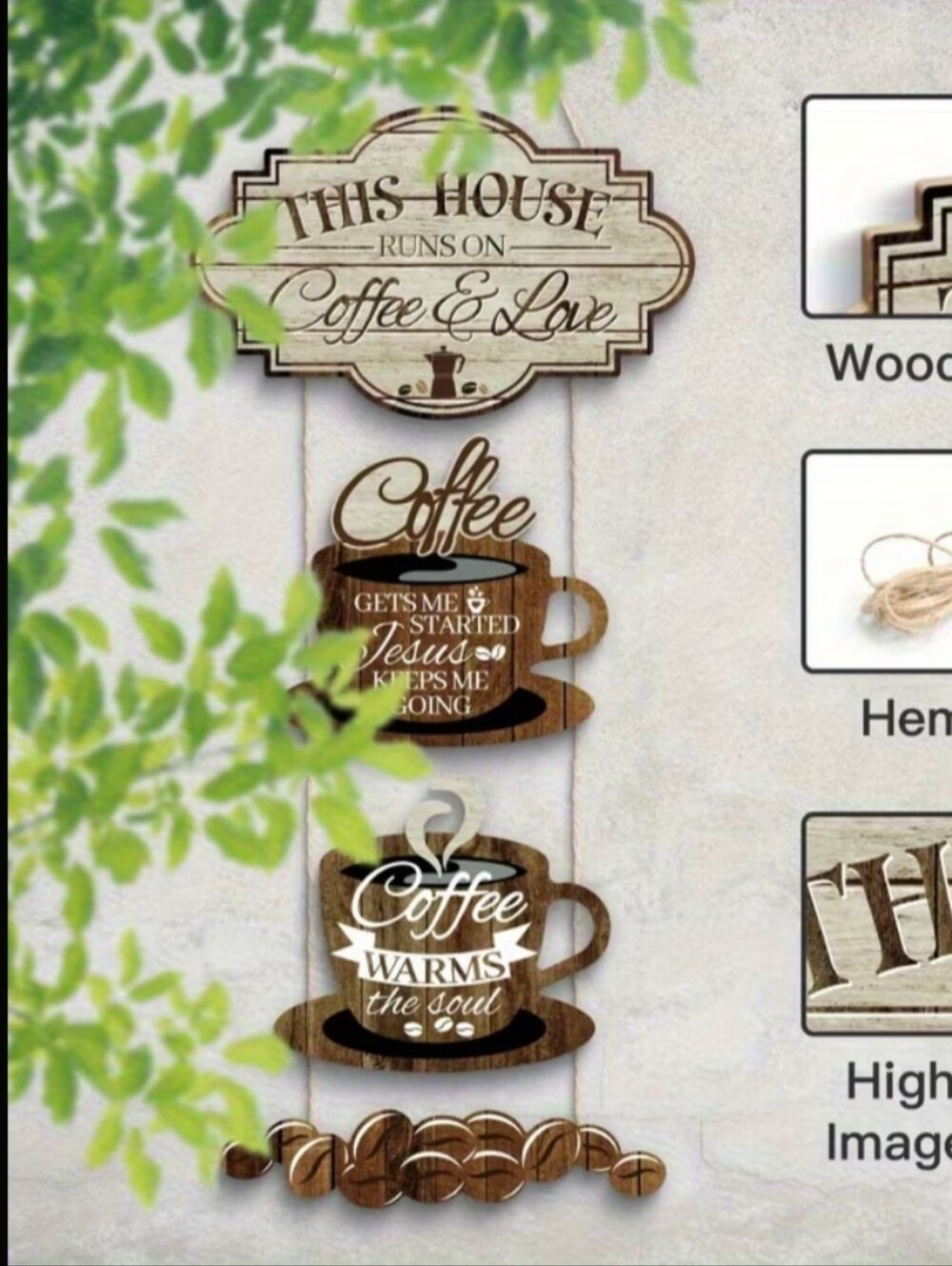 4 Pc. Coffee & Love Hanging Wall Sign - Brown